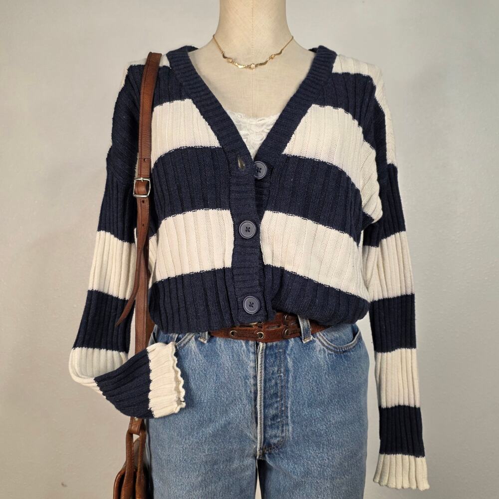 American Eagle Navy Striped Cardigan Sweater Size Small Coastal Preppy Fall